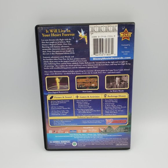 Walt Disney's Peter Pan 2-Disc Platinum Edition 2007 DVD & Bonus Material - Picture 2 of 4